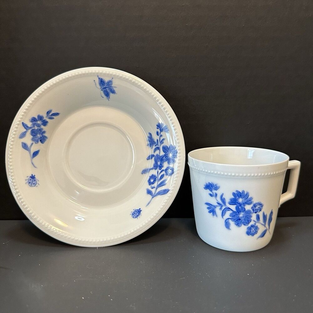 Kaiser W Germany N.R.4 White and Blue Cup&Saucer Beaded Edge Blue Flowers/Stems